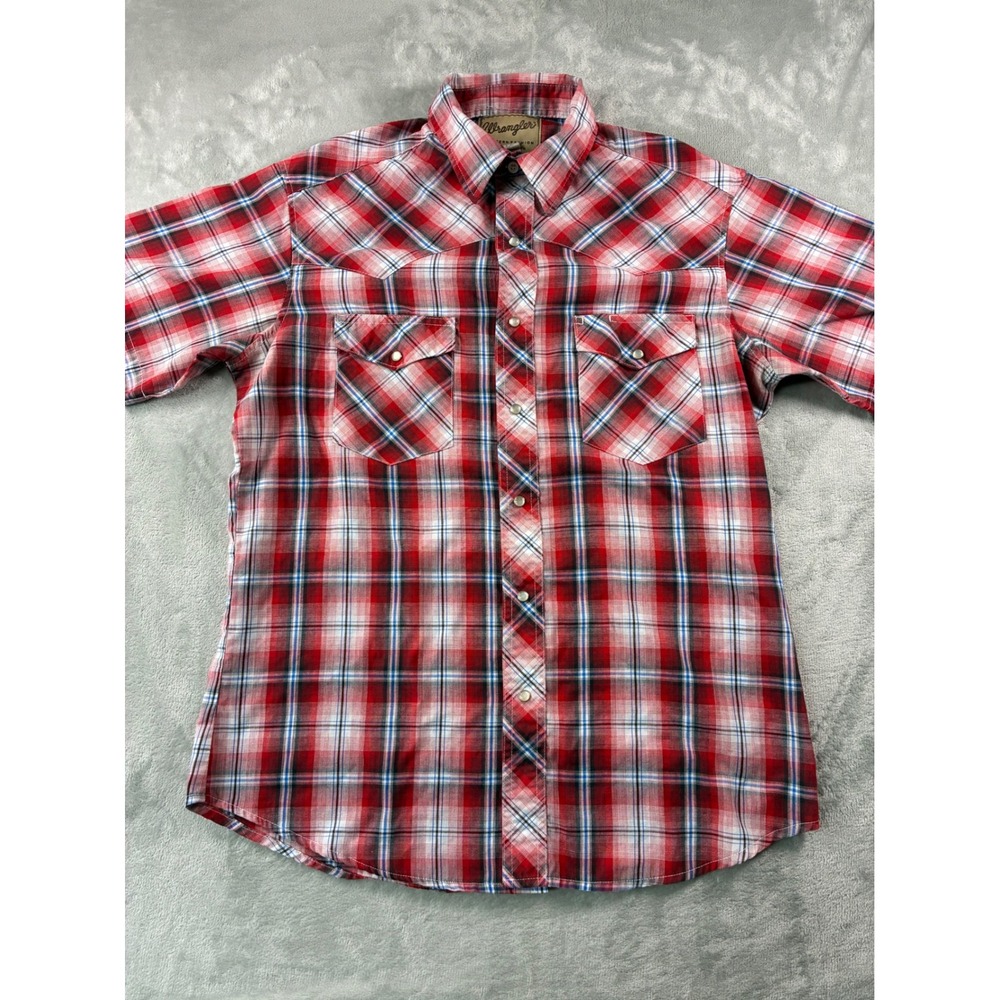 Wrangler Mens Western Fashion Red Plaid Short Sleeve Pearl Snap Shirt Medium
